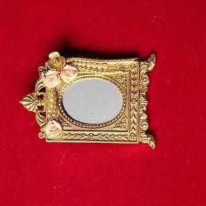 VINTAGE BROOCH Framed 🪞 Mirror w/ Porcelain Roses